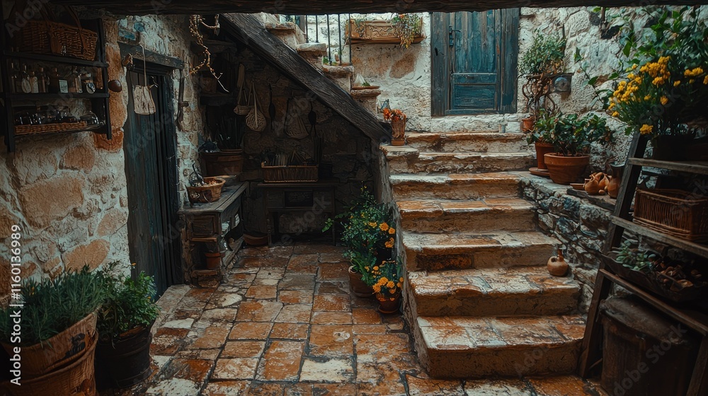 A rustic courtyard with stone steps, potted plants, and a cozy atmosphere. A rustic courtyard with stone steps, potted plants, and a cozy atmosphere.