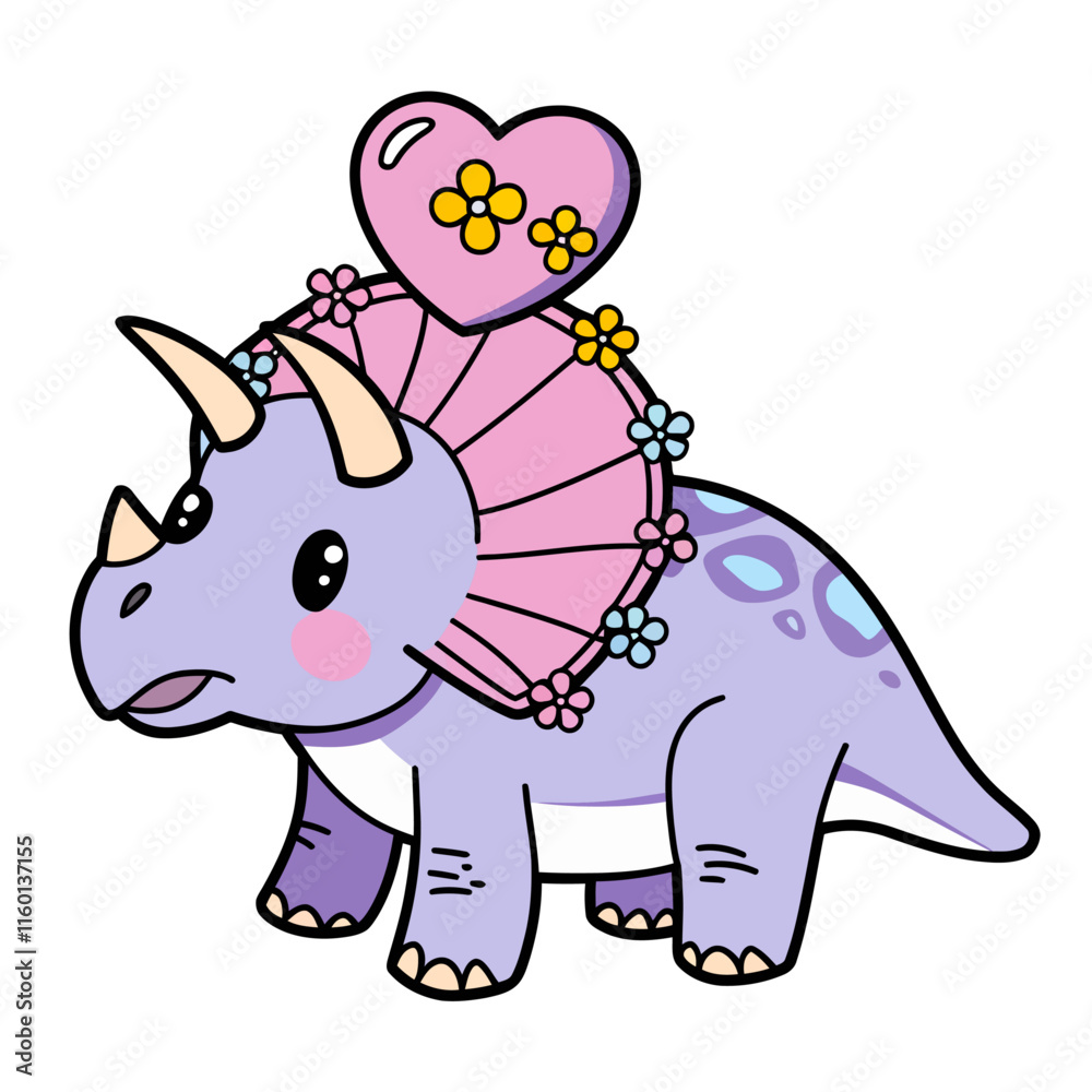 Obraz premium Adorable Kawaii Triceratops with Heart Balloon