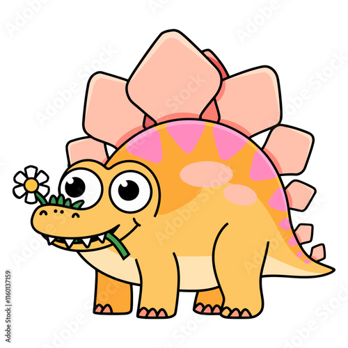 A cheerful kawaii style yellow stegosaurus with pink plates and a white flower in its mouth