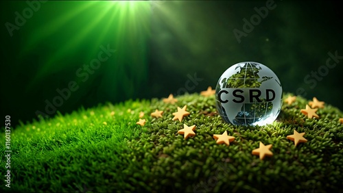 Crystal globe earth with CSRD text sits on moss, highlighting sustainability. photo