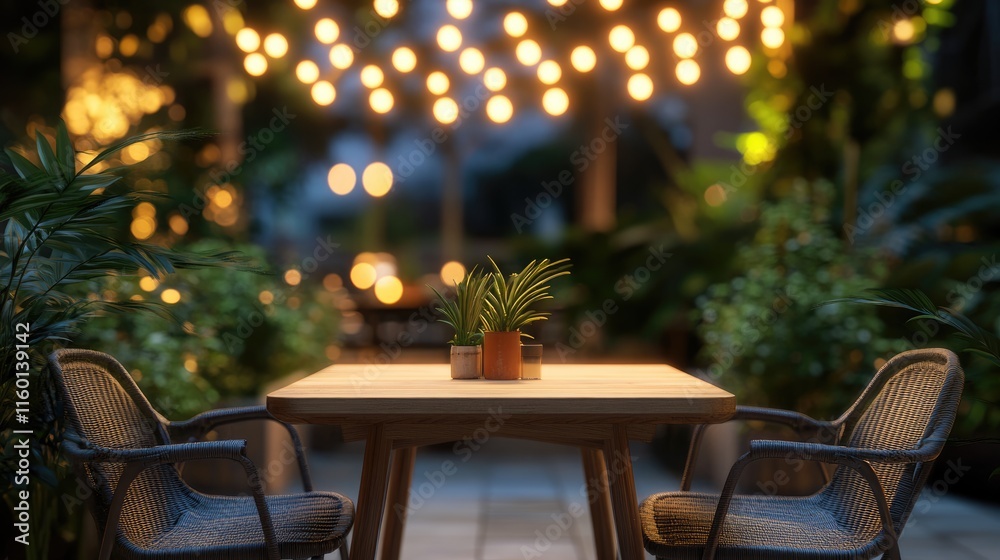 Obraz premium Cozy restaurant interior with an empty wooden table and chairs, softly lit by warm bokeh lights above.