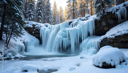  Winter Falls: A frozen waterfall in the forest, surrounded by pine trees and sparkling ice on the rocks.


