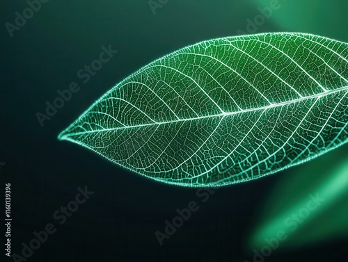 Nanotechenhanced plant leaf absorbing light, glowing artificial photosynthesis process in sleek futuristic environment photo