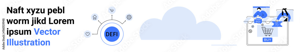 Fototapeta premium DeFi symbol connected to network nodes, cloud backdrop, figures with laptops and shopping carts. Ideal for digital finance, e-commerce, cloud computing, teamwork, blockchain, fintech online