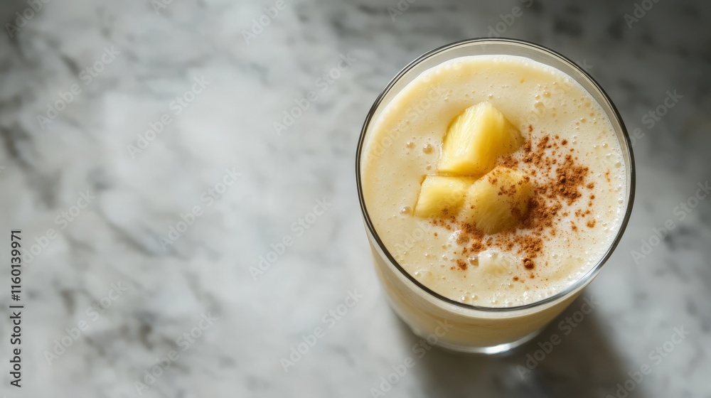 Creamy pineapple smoothie with cinnamon sprinkles on marble table