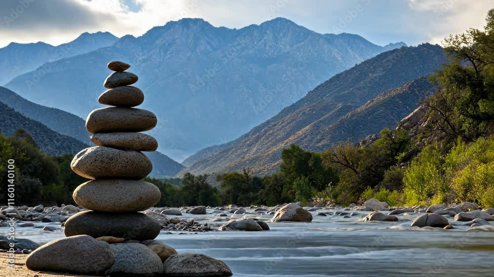 Photo of a stack of stones in the foreground with mountains and a river in the background, representing balance for wellness and meditation concepts. Web banner with copy space on the left side, Photo of a stack of stones in the foreground with mountains and a river in the background, representing balance for wellness and meditation concepts. Web banner with copy space on the left side,