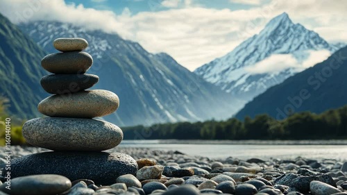 Photo of a stack of stones in the foreground with mountains and a river in the background, representing balance for wellness and meditation concepts. Web banner with copy space on the left side,