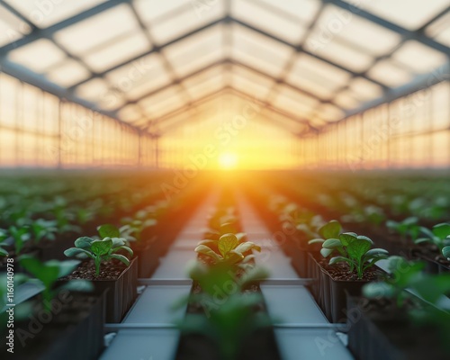 AIdriven greenhouse with solar panels and artificial photosynthesis, glowing light conversion powering plant growth photo