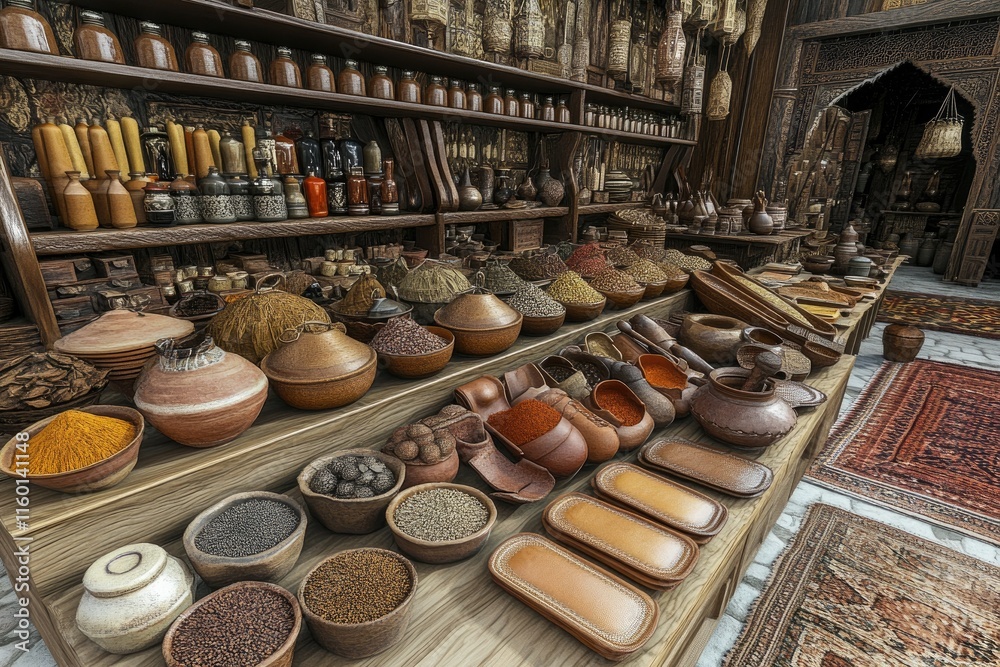 A vibrant display of spices and pottery in a traditional market setting. A vibrant display of spices and pottery in a traditional market setting.