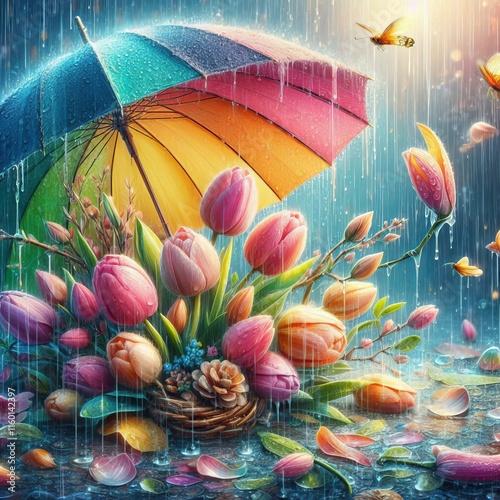 139 Rainy Spring Under a colorful umbrella with raindrops showca photo