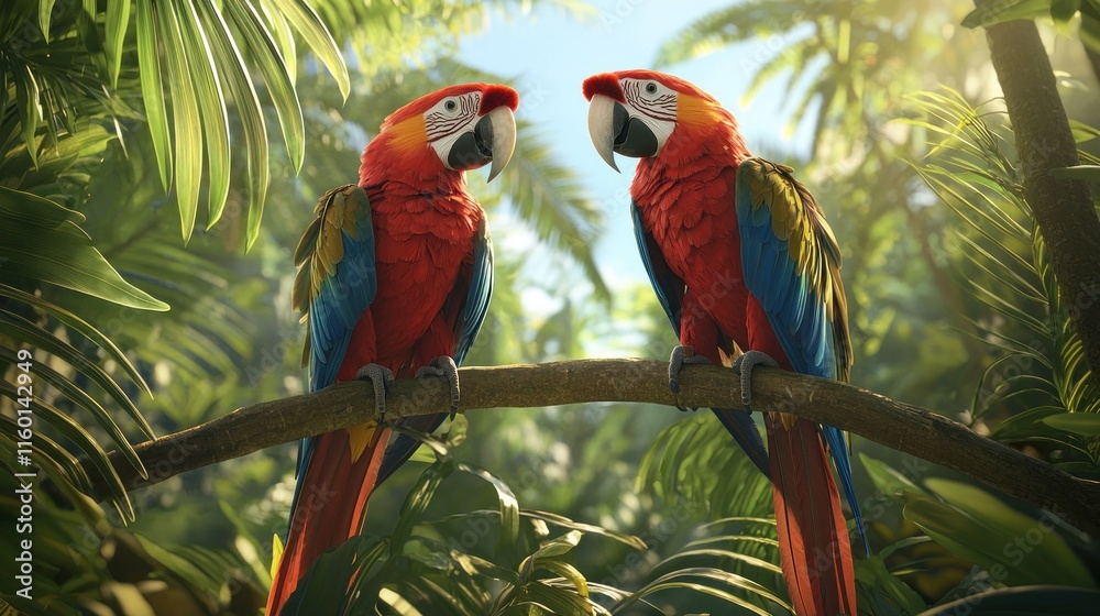 Obraz premium Two scarlet macaws perched on a branch in a lush tropical rainforest.