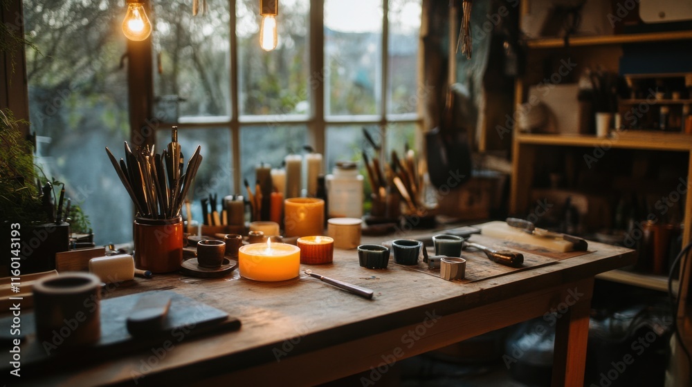 A cozy candle-making workshop with wax and candle molds, Candle-making tools arranged on workstations, Artisanal workshop style A cozy candle-making workshop with wax and candle molds, Candle-making tools arranged on workstations, Artisanal workshop style