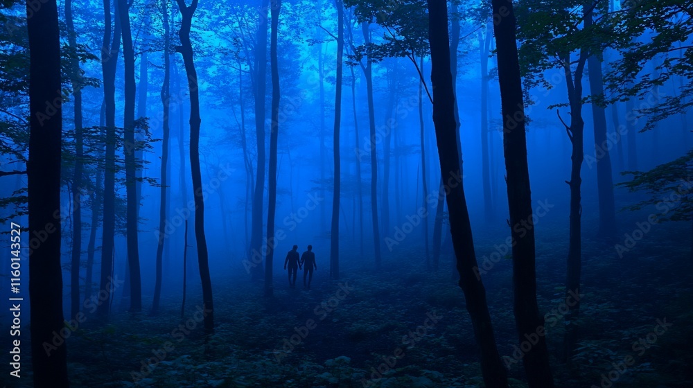 Obraz premium Two figures walk through a misty blue forest.