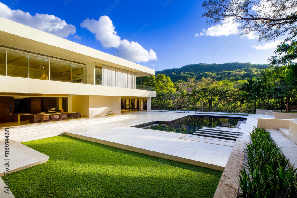 Modern architectural design of a house with pool and garden in a serene landscape Modern architectural design of a house with pool and garden in a serene landscape