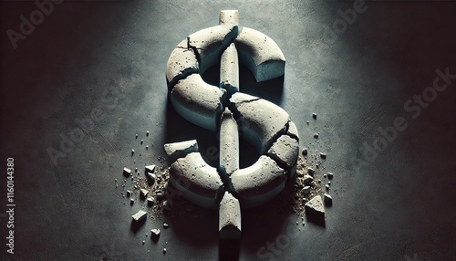 broken dollar sign made with concrete on dark background. Fallen of dollars concept. Economist forecast for the United States. dollar bill. Effect of recession on US economy. American recession concep