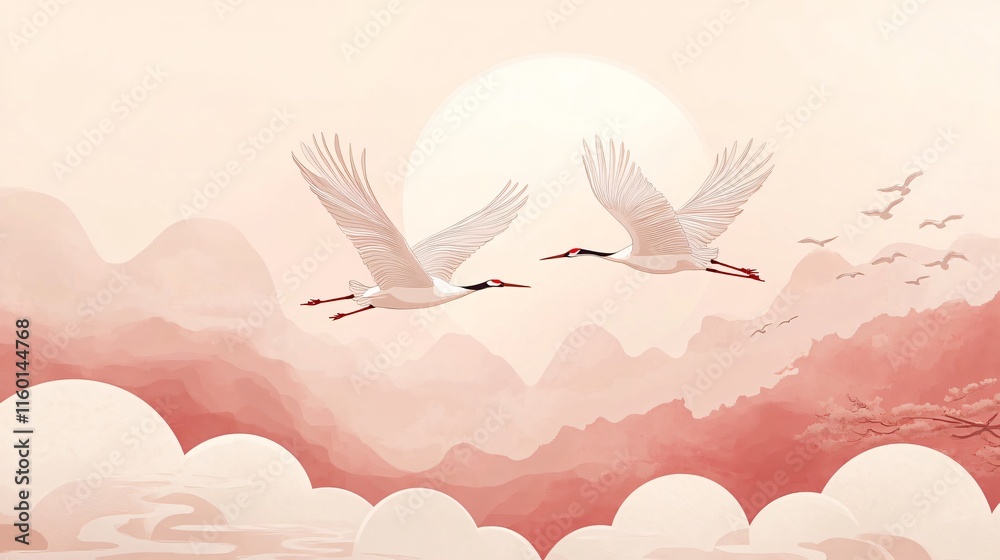 Fototapeta premium Elegant cranes flying in serene landscape with soft pastel colors