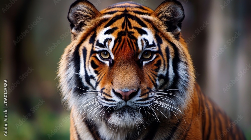 A close-up portrait of a tiger showcasing its striking features and vibrant fur patterns. A close-up portrait of a tiger showcasing its striking features and vibrant fur patterns.