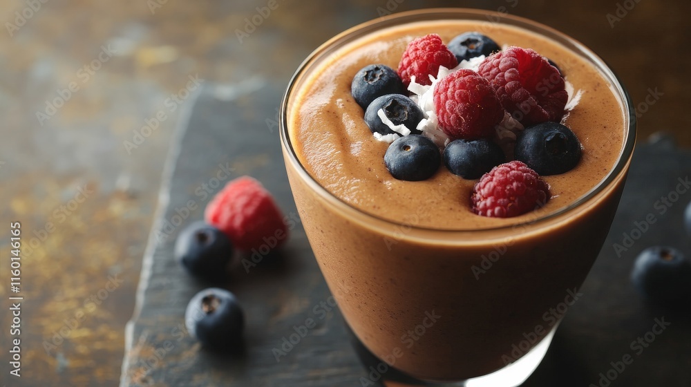 Delicious chocolate smoothie topped with fresh raspberries and blueberries Delicious chocolate smoothie topped with fresh raspberries and blueberries