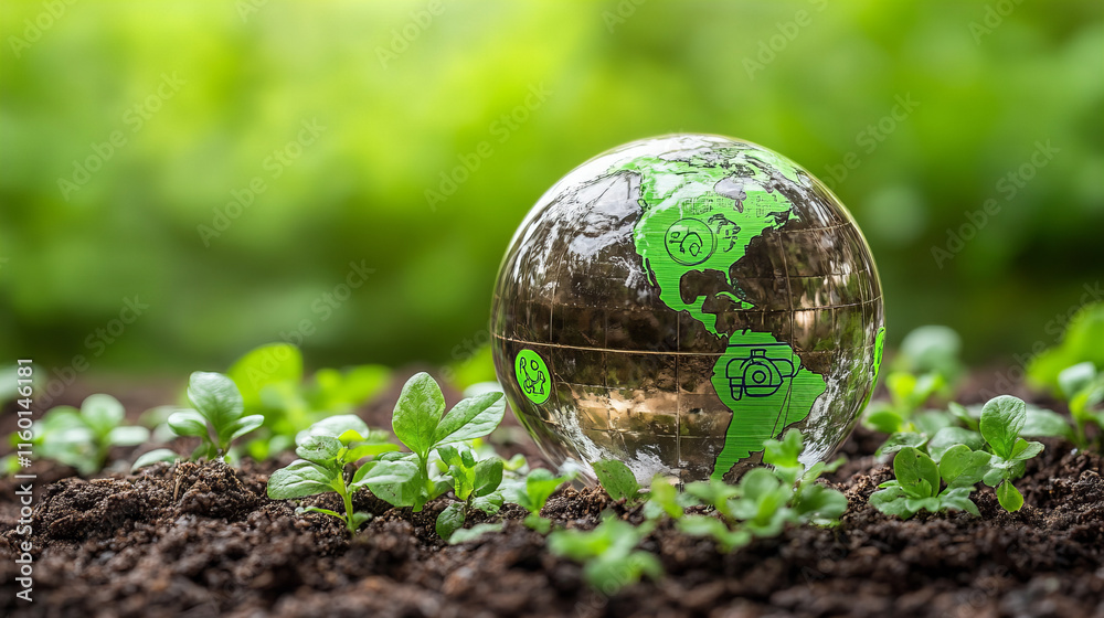 globe surrounded by green technology icons represents sustainability and environmental awareness. This highlights connection between nature and technology, promoting eco friendly practices
