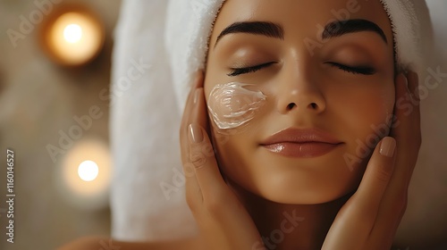 A woman enjoying a facial treatment in a serene spa environment. photo