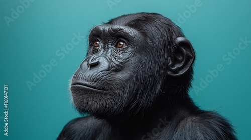 A close-up portrait of a gorilla against a solid teal background. photo