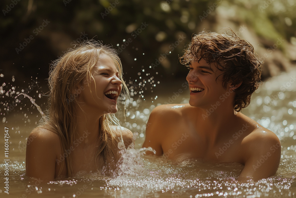 Obraz premium A man and a woman are in the water, smiling and laughing Generative Ai.