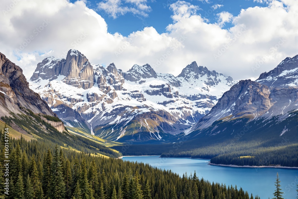Majestic snow-capped mountains, dense evergreen forests, and a tranquil blue lake under a partly cloudy sky. Concept of serene natural beauty. Ai generative