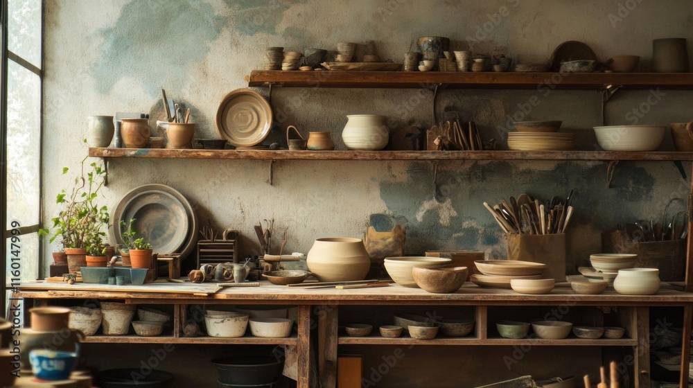 A cozy pottery workshop with pottery tools and artisanal ceramics, Pottery tools arranged on wooden workbenches, Artisanal pottery style A cozy pottery workshop with pottery tools and artisanal ceramics, Pottery tools arranged on wooden workbenches, Artisanal pottery style