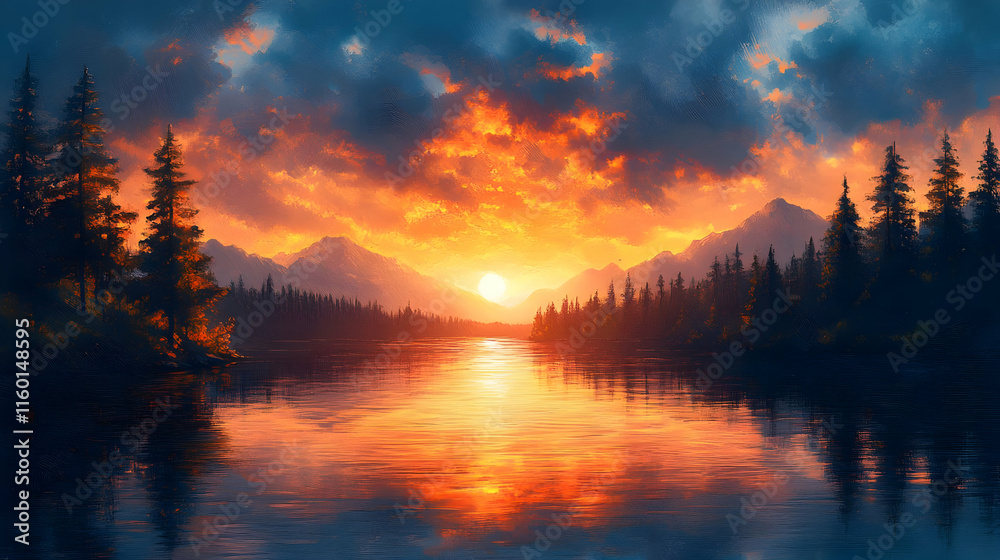 A serene sunset over a tranquil lake, surrounded by mountains and evergreen trees.