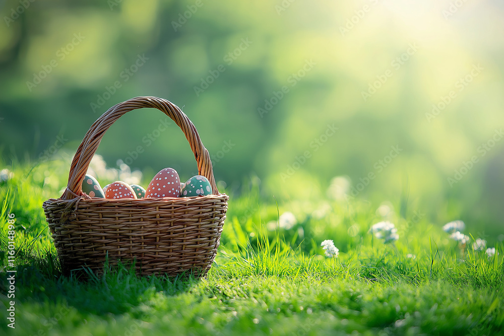 A basket full of Easter eggs is sitting on a grassy field Generative Ai. A basket full of Easter eggs is sitting on a grassy field Generative Ai.