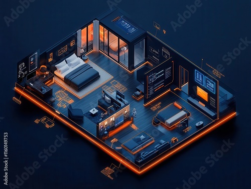 Isometric smart apartment layout with interconnected devices and digital dashboards