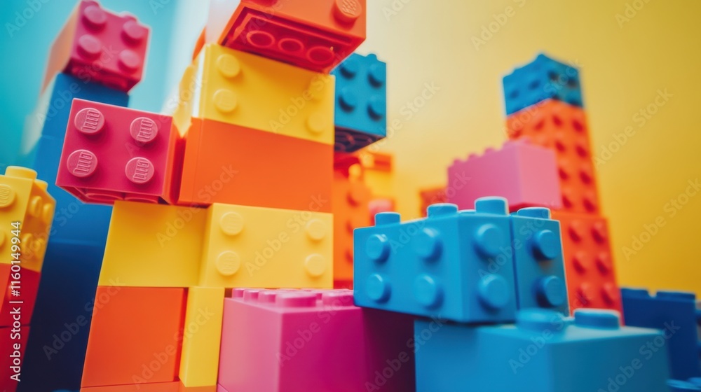 Naklejka premium A creative block-building session with colorful plastic bricks, Imagination brought to life with intricate structures, Contemporary artistic style