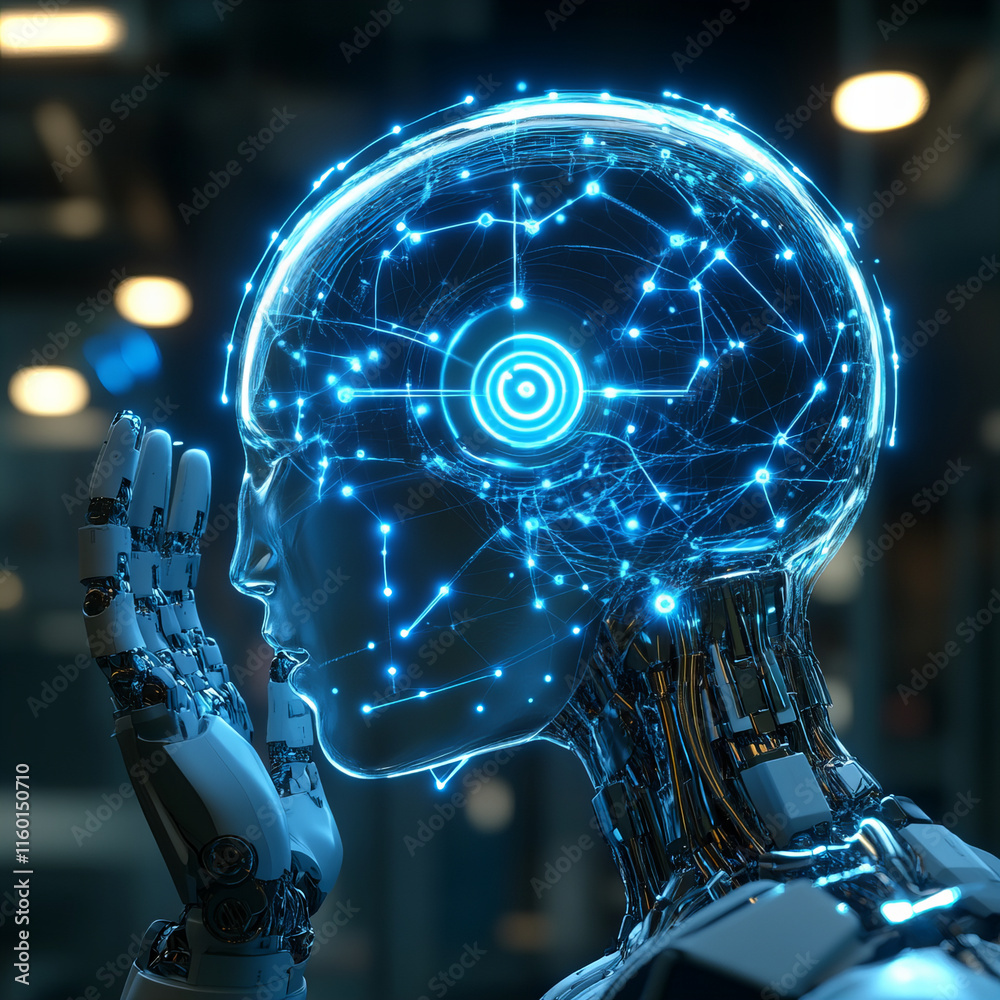 robotic head with glowing circuits and digital brain design, symbolizing advanced technology and artificial intelligence. intricate details evoke sense of innovation and futurism robotic head with glowing circuits and digital brain design, symbolizing advanced technology and artificial intelligence. intricate details evoke sense of innovation and futurism