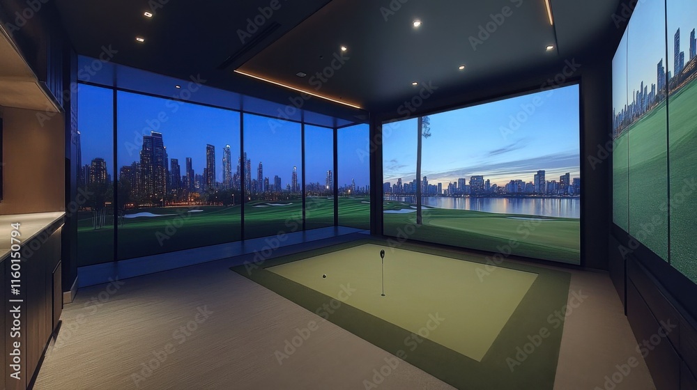 A cutting-edge golf simulator room with panoramic city views, Virtual fairways on advanced digital screens, Urban luxury style A cutting-edge golf simulator room with panoramic city views, Virtual fairways on advanced digital screens, Urban luxury style