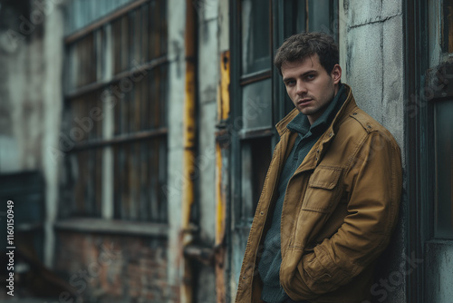 A man in a brown jacket stands in front of a building Generative Ai.