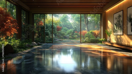 A serene interior space with large windows showcasing a lush garden.
