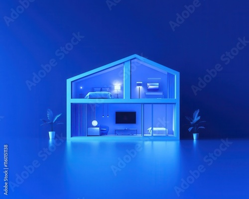 Isometric smart apartment with AIcontrolled HVAC systems and smart window shades photo