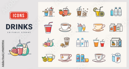 Drinks icons sat. Vector illustration in modern thin line style of drinks icons.