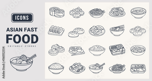 Asian Fast Food icons sat. Vector illustration in modern line art style of Asian Fast Food icons.