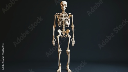 3D render. human skeleton full body from head to feet. black background.