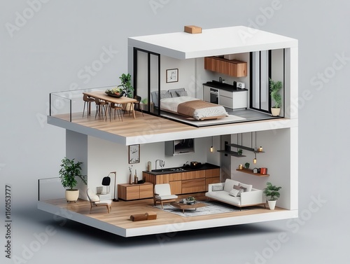 Isometric cutaway of a smart condo featuring AImanaged energy efficiency and smart furniture