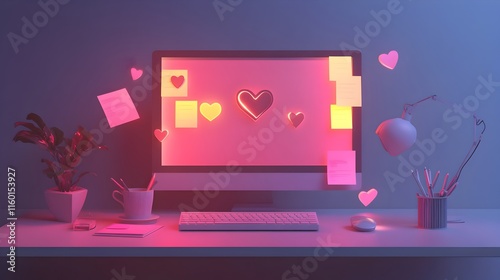 Digital Love: A computer screen glows with pink and orange light, surrounded by floating hearts and sticky notes, creating a dreamy and romantic atmosphere. The image evokes feelings of affection. photo