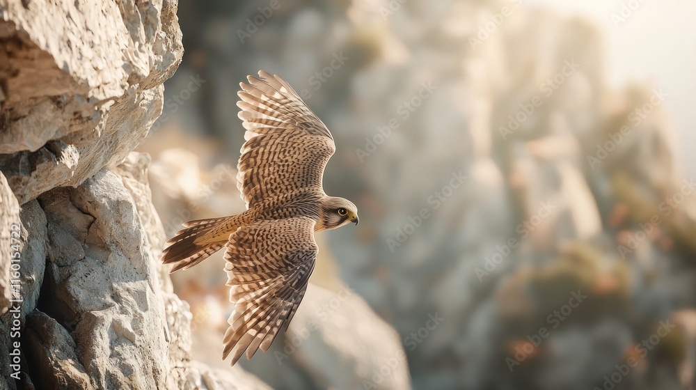 Falcon taking flight from rocky cliff at sunrise. Falcon taking flight from rocky cliff at sunrise.