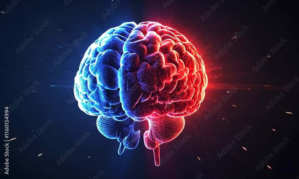 Binary Brain: A vibrant, digital depiction of a human brain divided into contrasting blue and red hemispheres.
