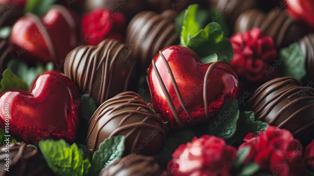 Assortment of Decadent Chocolate Heart Truffles with Green Leaves and Red Flowers : Generative AI