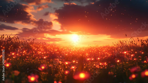 A vibrant sunset over a field of flowers, creating a serene and picturesque landscape.