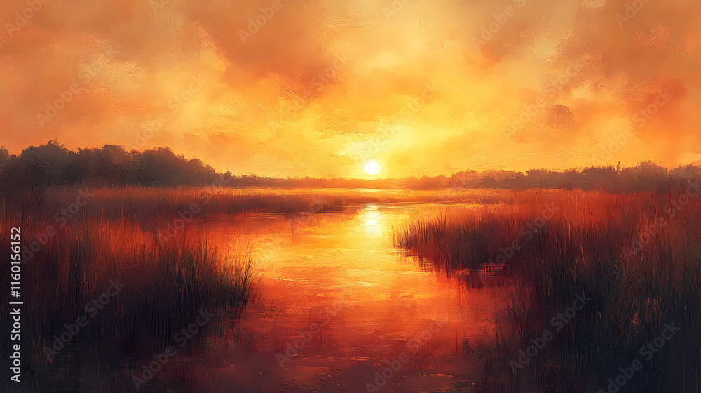 A serene sunset over a tranquil marsh, reflecting warm hues in the water. A serene sunset over a tranquil marsh, reflecting warm hues in the water.