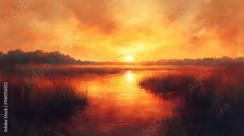 A serene sunset over a tranquil marsh, reflecting warm hues in the water.