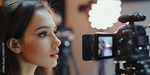 A close-up of a makeup tutorial video being filmed with professional lighting, showcasing a makeup artistâ€™s technique.  photo