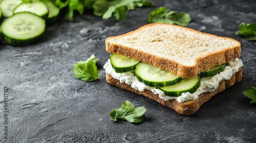 Fresh cucumber sandwich with cream cheese on whole wheat bread photo